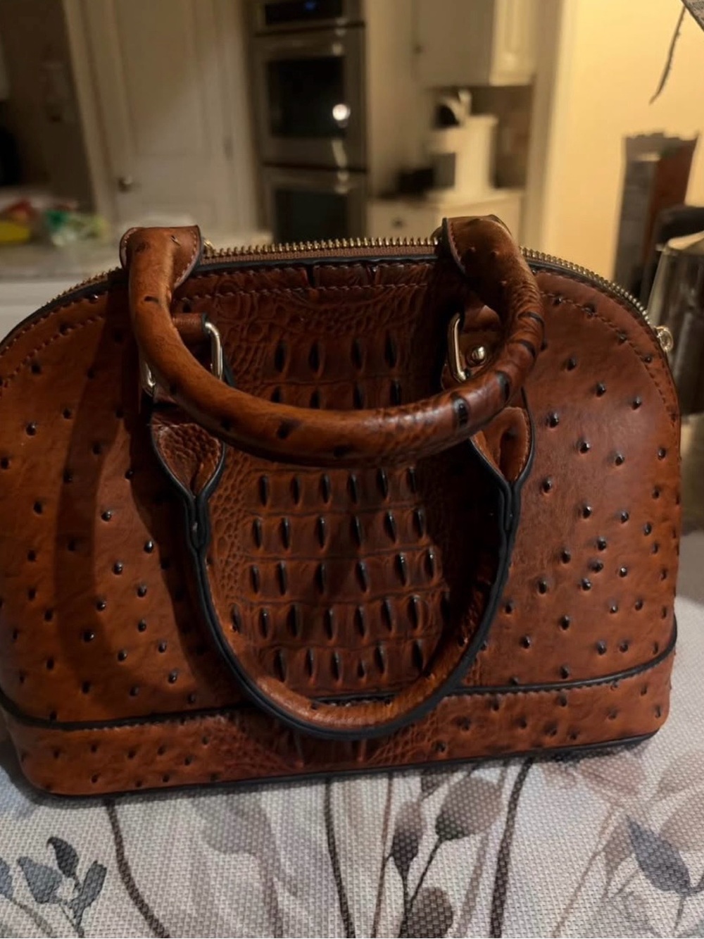 Classic Brown Ostrich-Texture Dome Satchel